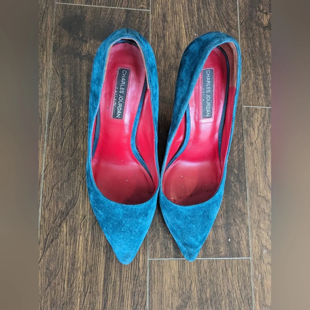 Charles Jourdan teal suede pumps shoes - Picture 2 of 7